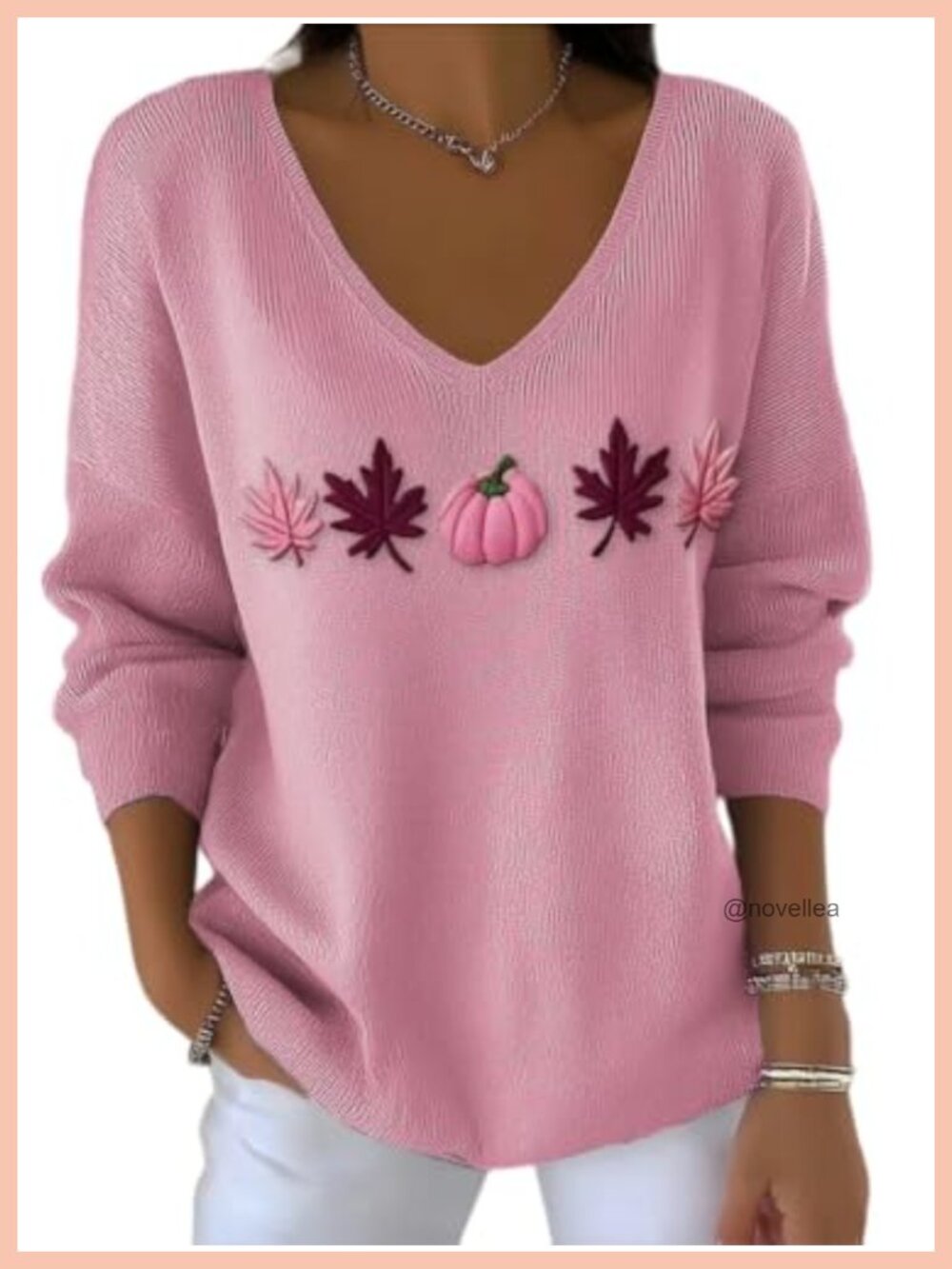 Womens Long Sleeve V Neck Sweater Loose Fit Pumpkin Embroidered Pullover